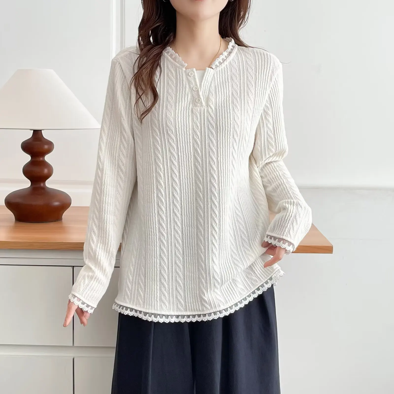 Модная женская футболка больших размеров с кружевным воротником, топы из двух предметов с длинными рукавами, осень 2025 г.