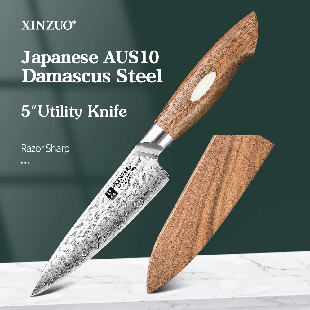 XINZUO 5'' Utility Knife Japanese Damascus Steel High-end Kitchen Accessories  Outdoor Portable Pocket Knife Fruit Knife