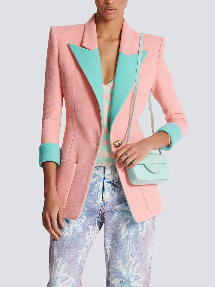 TWOTWINSTYLE Hit Color Blazer Casual per donna colletto dentellato tunica a tre quarti Patchwork Pocket Chic Blazer moda femminile