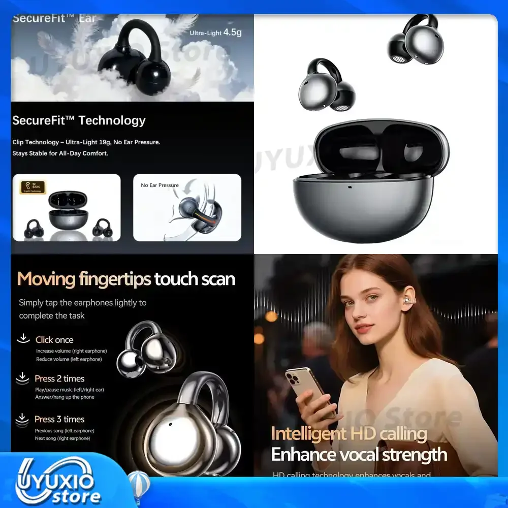 Auricolari Wireless UYUXIO con 72 Ore di Autonomia, Cuffie Bluetooth 5.4 a Lunga Durata della Batteria, Auricolari Open-Ear Impermeabili per Sport