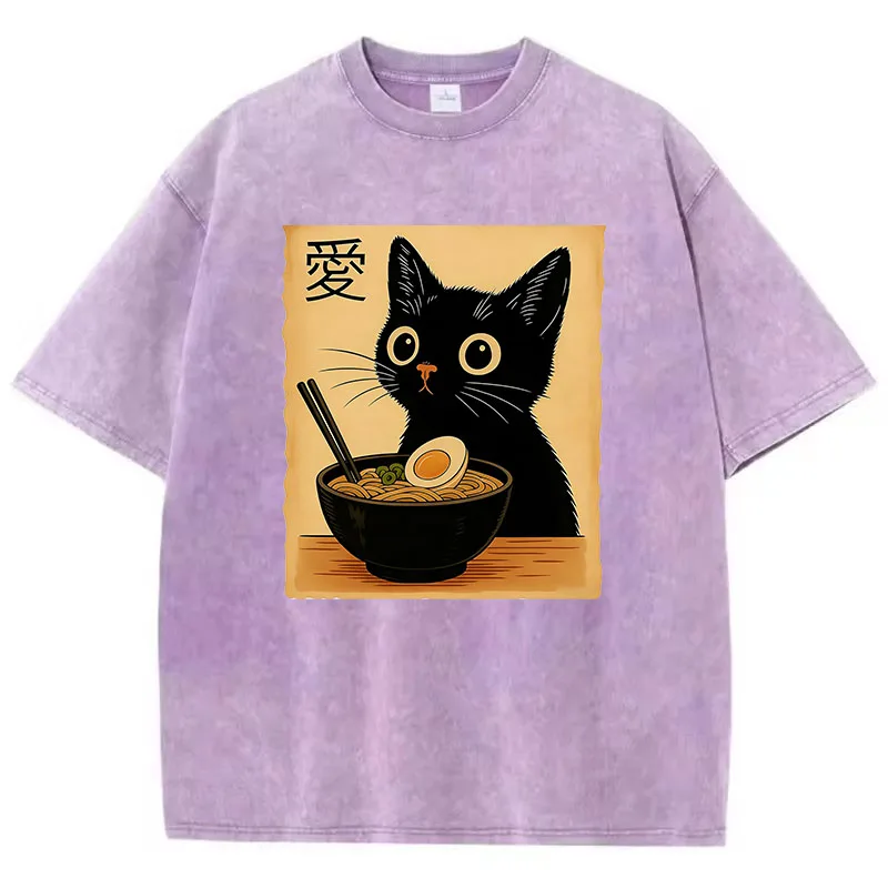 Harajuku T Shirt Vintage Washed 100% Cotton T-Shirt Lover Cat Japanese Ramen Graphic Tee Casual Streetwear Spring Summer