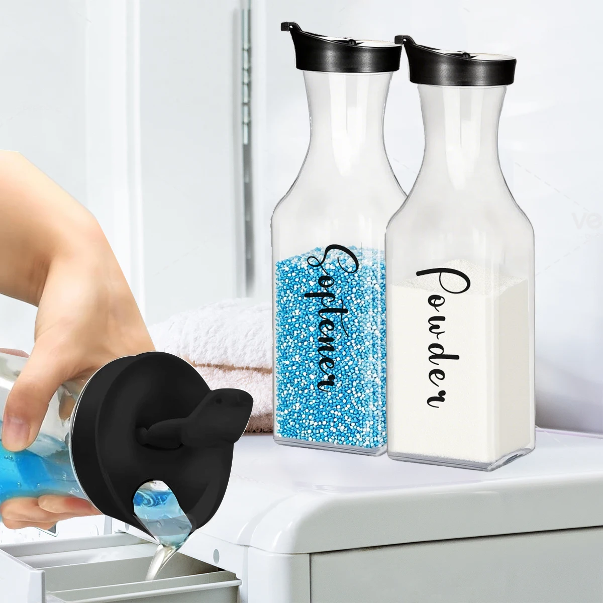 Laundry Detergent Dispenser with Labels and Black Caps, 1000ML Laundry Liquid Container Bottle, Ideal for Laundry Powder