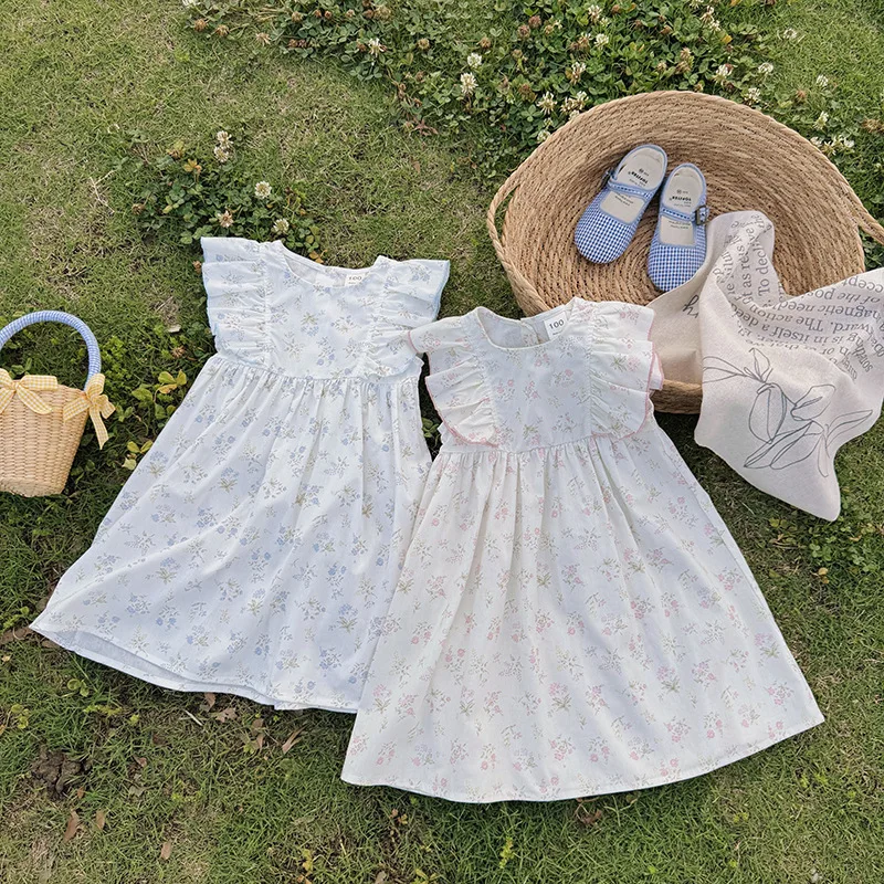 

Children's dress with flutter sleeves for girls2026Summer style elegant French-style round-neck children's dress with floral pri