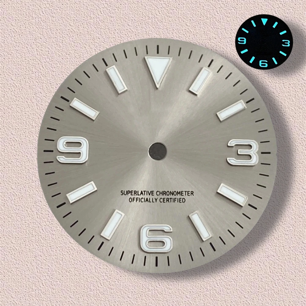 28.5mm S Logo Ex plorer Sunburst Dial Fit NH35/NH36/4R/7S Movement Ice Blue Luminous high-Quality Watch Modification Accessories