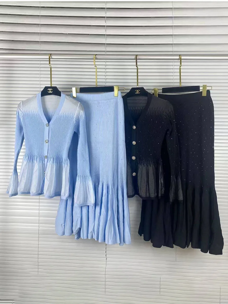 GALCAUR Ombre Knitted Two Piece Sets for Women V Neck Flare Sleeve Top High Waist A Line Skirt Spliced Diamond Set Female 2026