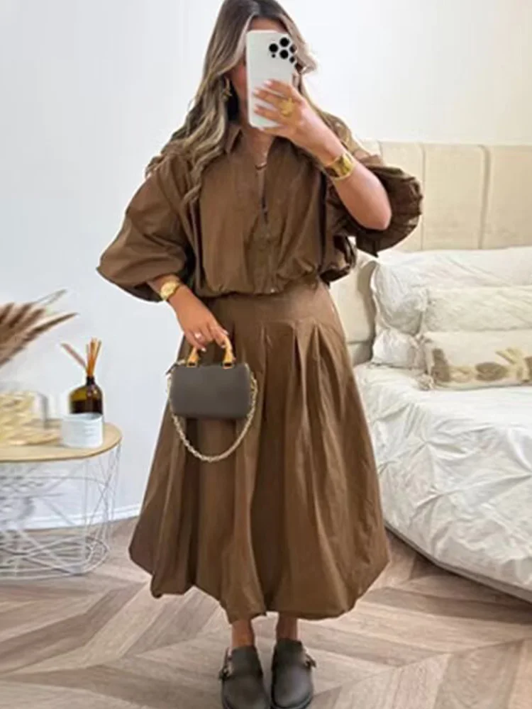 

HH Women 2 Piece Set Fashion Three-quarter Sleeves Lapel Zipper Casual Coat Top+Elegant Lantern Flower Bud Pleated Skirt