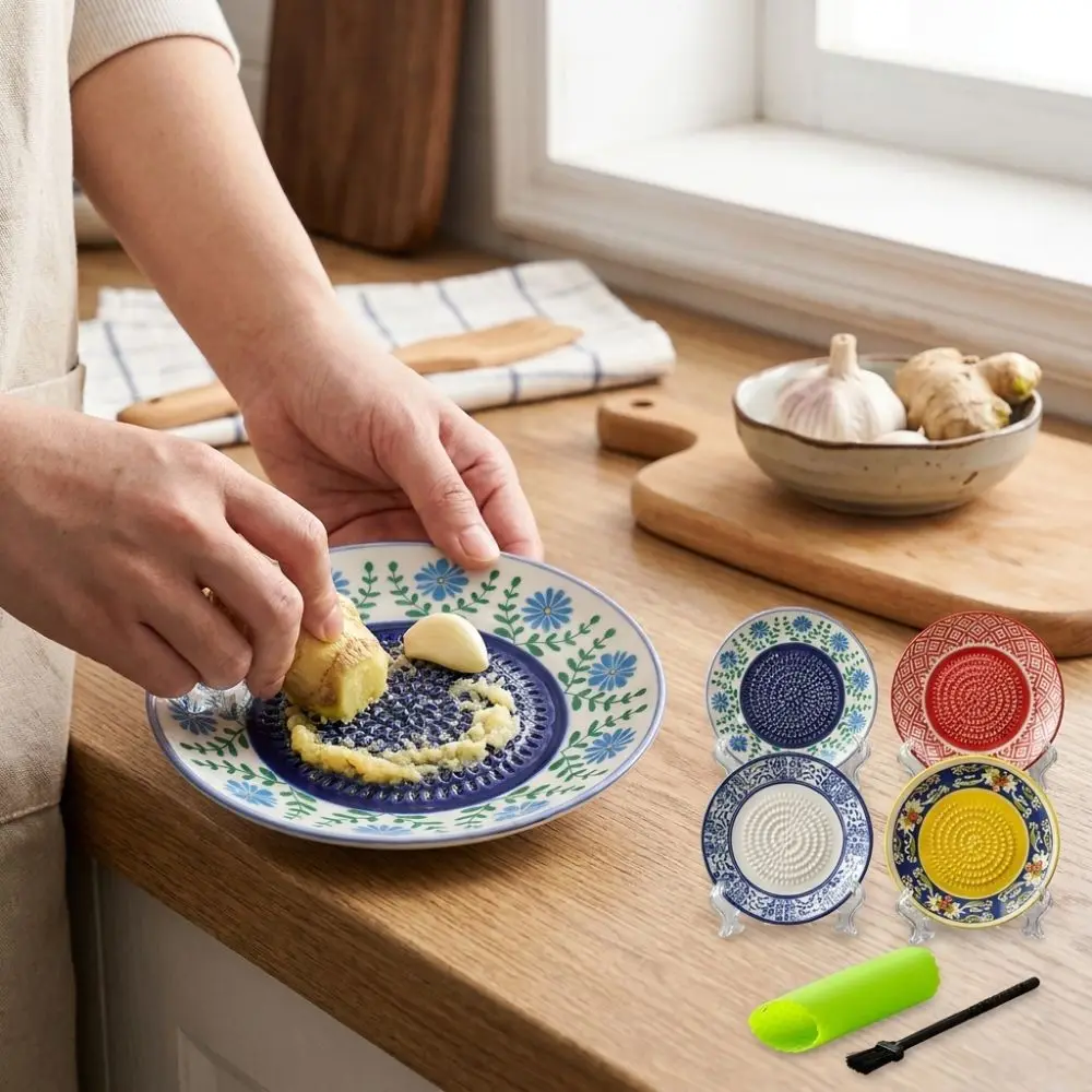 Manual Garlic Sauce Bowl Textured Raised Glazed Floral Painted Ginger Grating Plate with Cleaning Brush Handcrafted