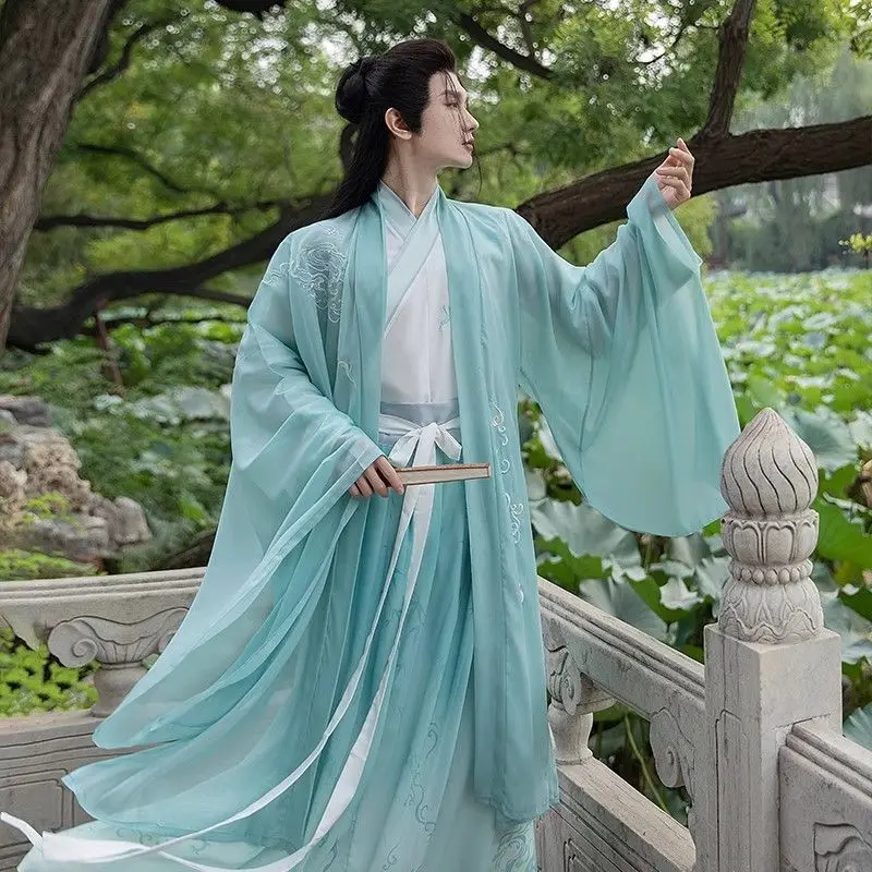 Hanfu Men Chinese Traditional Cosplay Costume Oversized Halloween Cosplay Costume Ancient Print Green Hanfu Shirt+Skirt+Coat