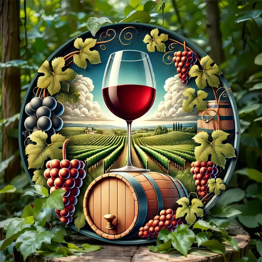 2D Metal Sign, Vintage Vineyard Metal Wall Art, 8x8 Inch Round Rustproof Iron Sign with Grapes and Barrel, for Kitchen, Bar, Pat