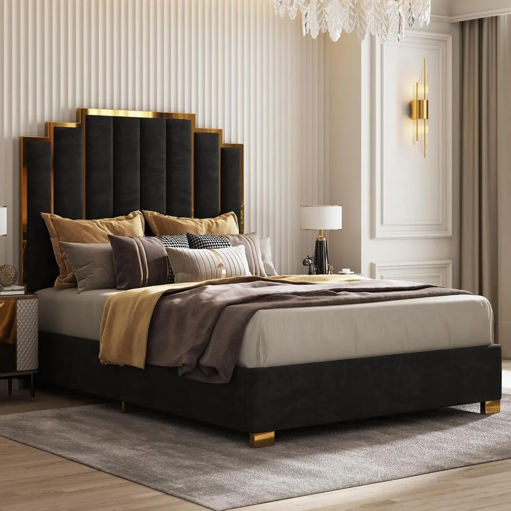 Queen Size Upholstered Bed, Modern Velvet Bed Frame with 61.4” Tall Gold Trim Headboard, No Box Spring Needed, Black