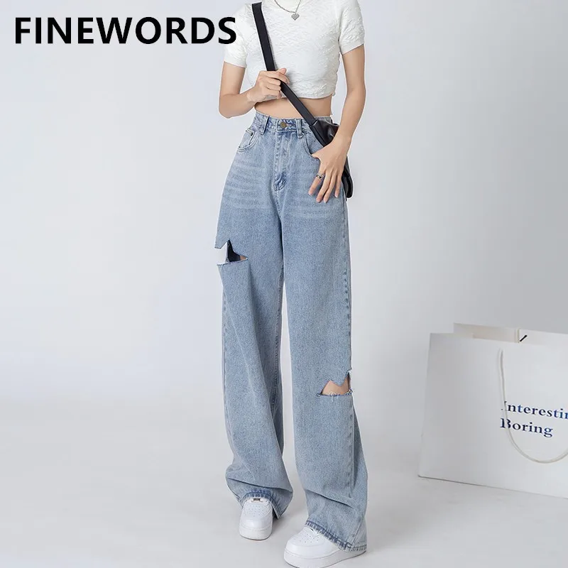 

FINEWORDS Vintage High Waist Hole Ripped Jeans Women Korean Casual Wide Leg Jeans Streetwear Harajuku Loose Classic Denim Pants