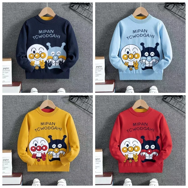 Autumn Winter Thick Knitted Sweaters Kids Girls Clothes Baby Boys Cartoon Anpanman Print Plush Cotton Children Outfit Girl Tops