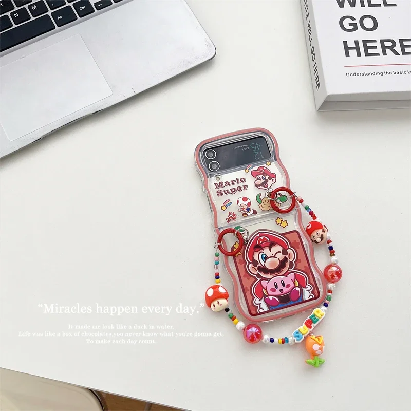 Cute Cartoon Game Marios Brothers with Lanyard Phone Case for Samsung Galaxy Z Flip 3 4 5 5G PC Hard Anti-drop Back Cover Funda