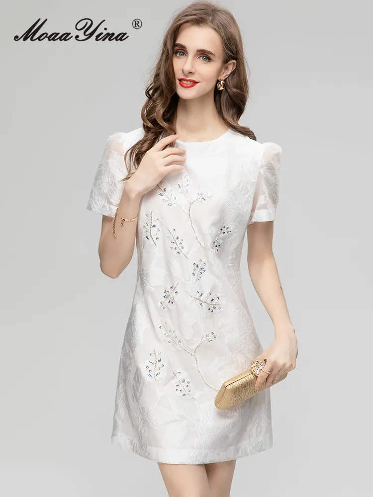 MoaaYina Summer Fashion Designer White Elegant Party Dress Women's O-neck Diamond Embroidery Sequins Jacquard Mini Short Dress