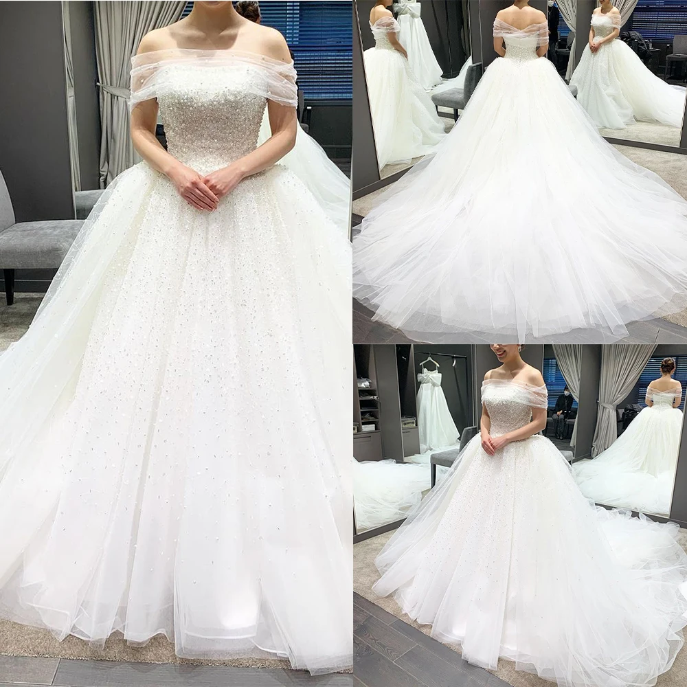 Classic A-Line Wedding Dress For Women Sequins Pearls Bridal Gown Boat Neck Sleeveless Skirt Sweep Train Dresses Custom Made