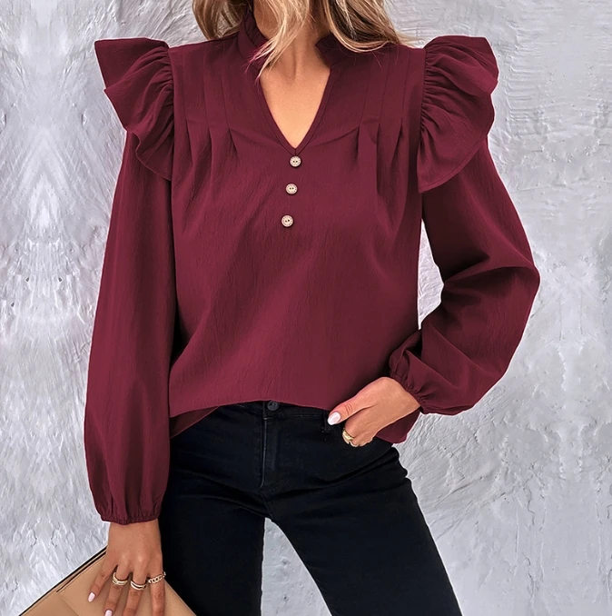 

Women's Blouse Tops Fashionable Commuting Casual Loose Fit Solid Color V-neck Pleated Ruffle Design Lantern Long Sleeved Tee Top