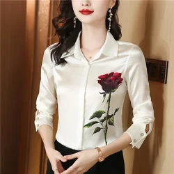 Summer White Satin Shirt for Women French Elegant Rose Print Lapel Blouse Short Sleeve Plus Size Shirts camisa blanca mujer