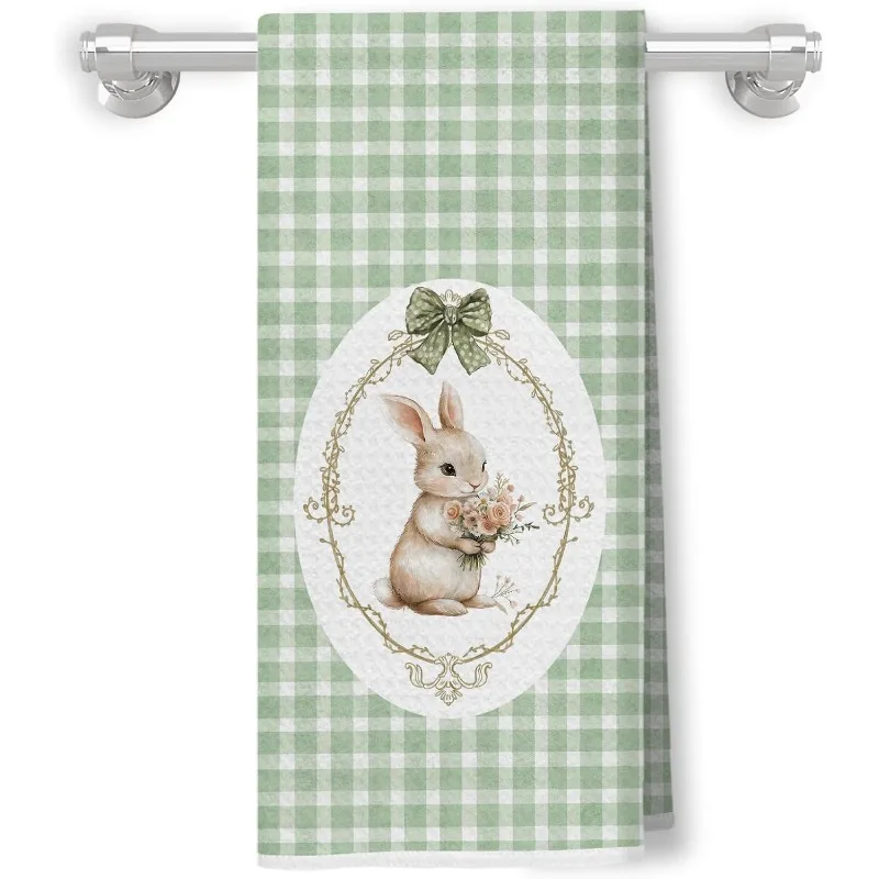 2-Pack green plaid cute rabbit green bow rabbit kitchen towel