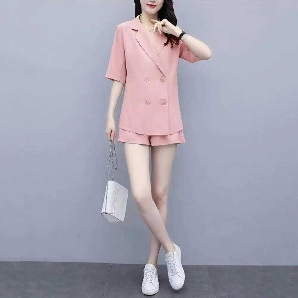 3 Pcs/Set Women Formal Suit Sleevless Vest High Waist Shorts Short Sleeve Double-breasted Lapel Coat Solid Color OL Commute Offi