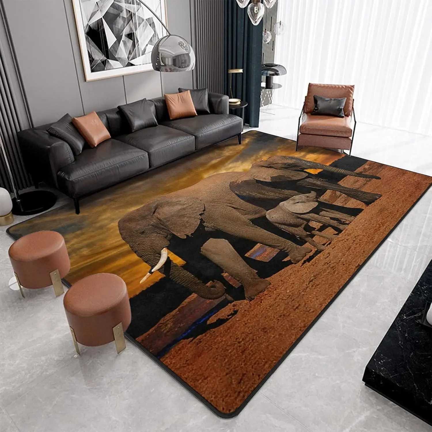 

African Elephant Family Print Area Rug, Savanna Sunset Pattern Floor Mat for Living Room, Bedroom, Non-Slip Washable Carpet