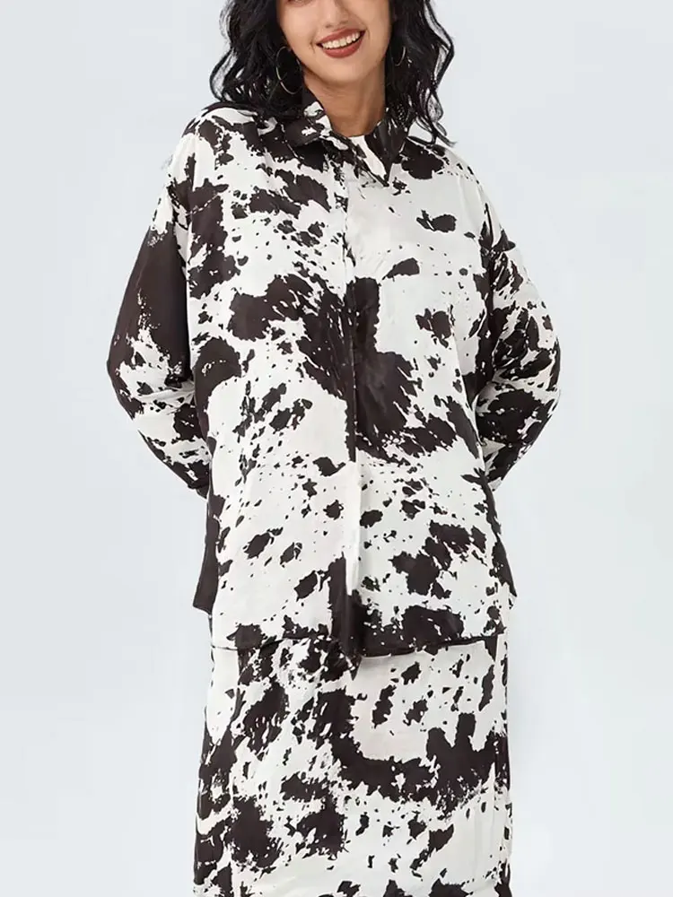 HH Abito da donna con stampa animalier alla moda primaverile da strada, maniche lunghe, risvolto, camicia monopetto + gonna a coda di pesce a vita alta legata