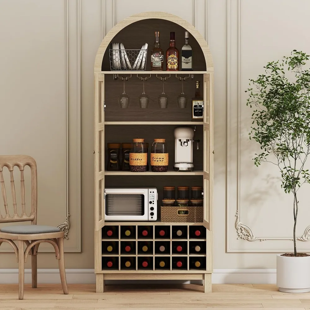 Lemari Anggur dengan Pintu Kaca Melengkung Tinggi, Penyimpanan Bar Kopi Bergaya Rustic dengan Rak Anggur, Rak Penyimpanan Minuman Keras Besar