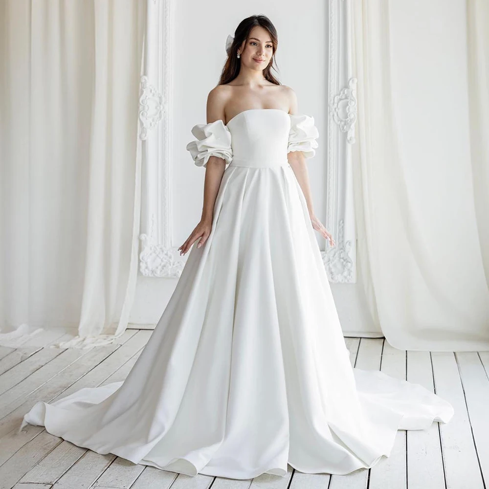 Customized Elegant Wedding Dress White Strapless Pearls Puffy Sleeves Wedding Gowns for Brides A Line Simple Bridal Dresses 2026