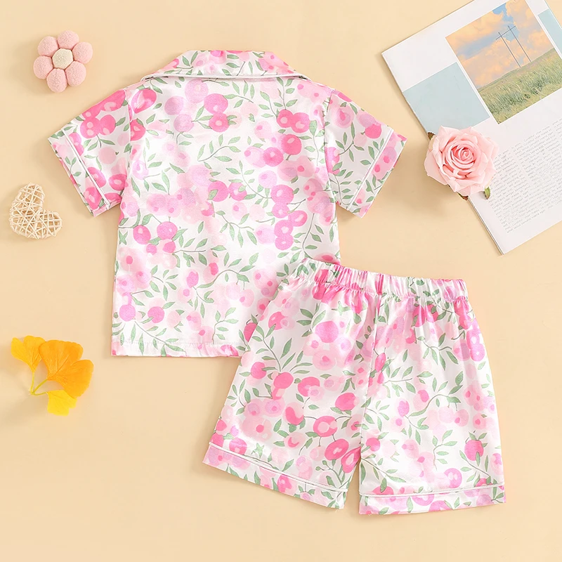 Tregren 1-5Y Kids Girls Summer Pajamas Sets Cute Floral Print Short Sleeves Button Shirt and Elastic Shorts Loungewear Sleepwear