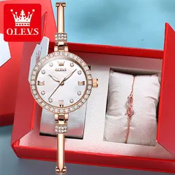 OLEVS 5585 Exquisite Watch for Women Elegant Diamond Dial Diamond Scale Ultra Thin 8mm Dial Waterproof Ladies Wrist watches Set