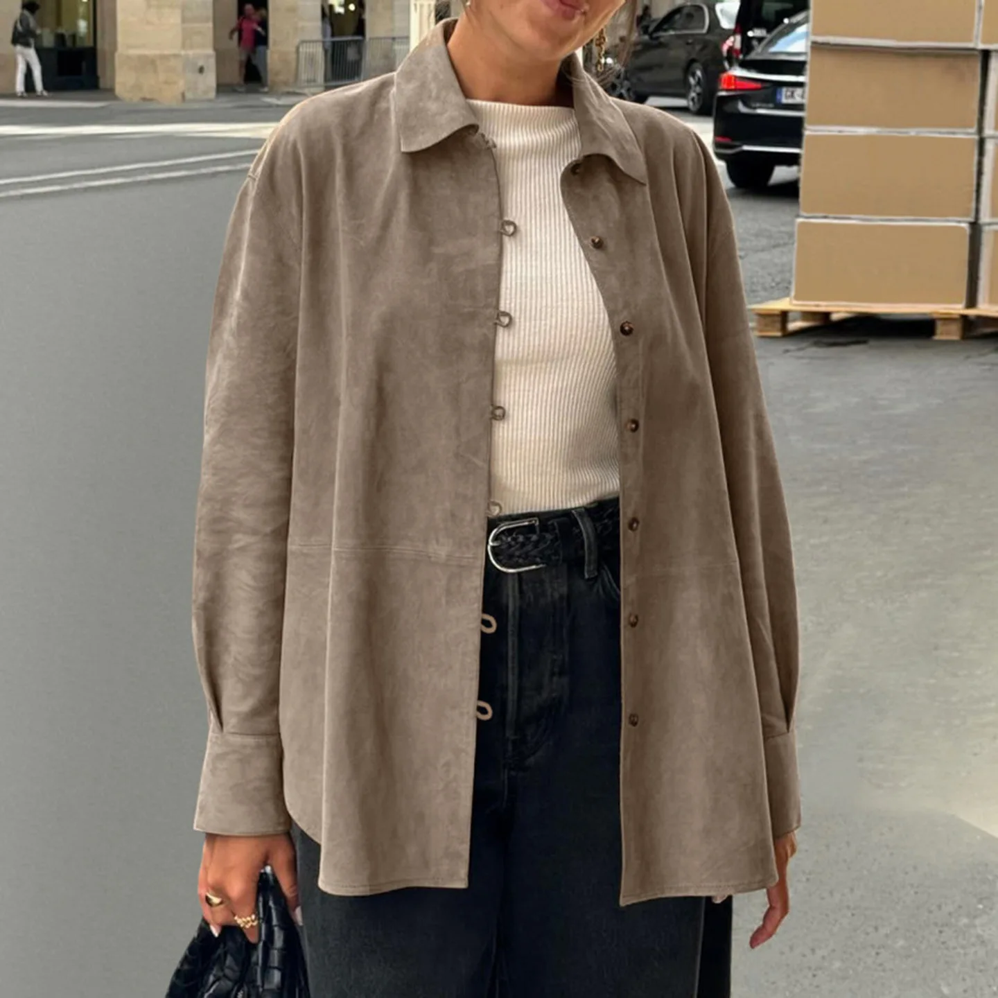 

Retro Knitted Suede irt Loose Collar Women's Faion Versatile Loose Sve irt Spring 2026 Non-Sinkage Other Material