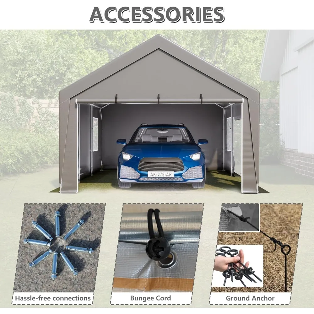 Carport, portable heavy duty garage with mesh windows and removable sidewalls UV resistant and waterproof all-season tarps