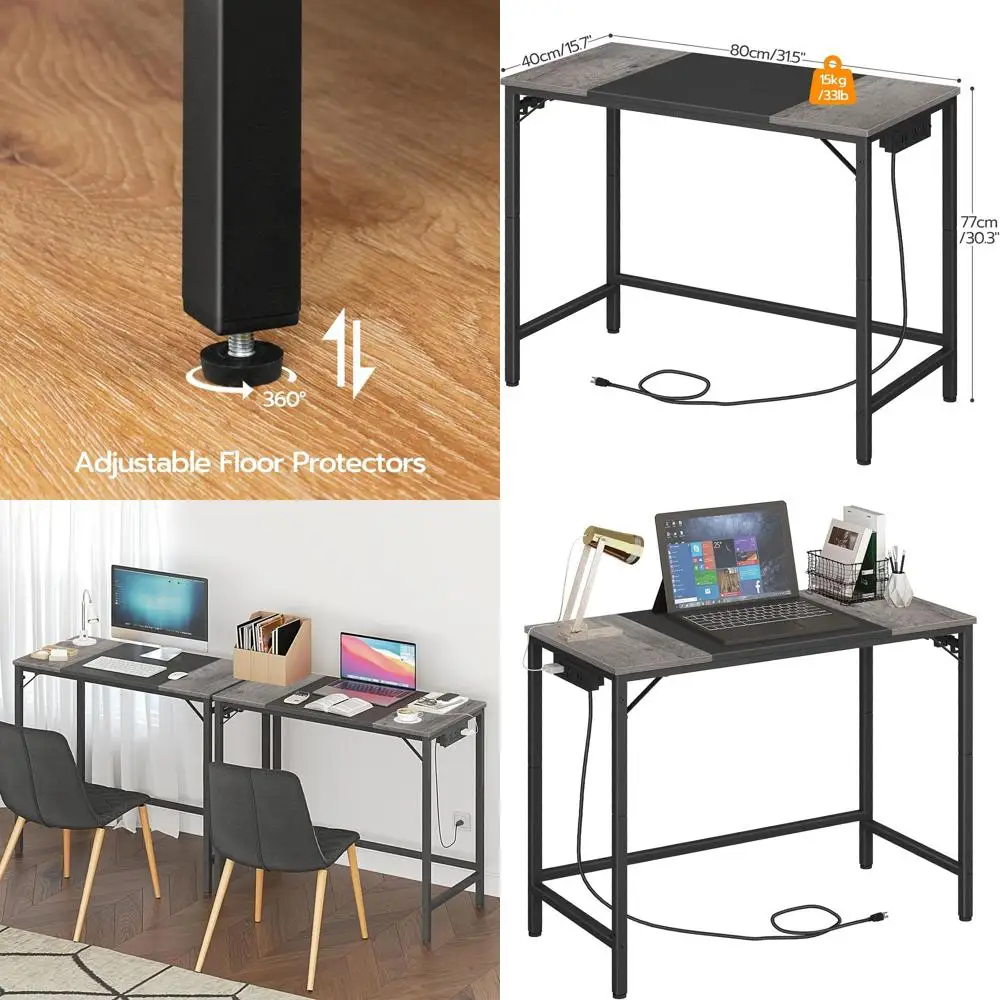 

Modern Home Office Desk with Power Outlet, Charcoal Gray, 3 Hooks, Easy Assembly, Sturdy Study Writing Desk BC40UDN01