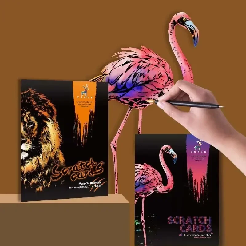 4 Pcs/Set A4 DIY Manual Scraping Painting Colorful Realistic Cartoon Animals Lion Wolf Flamingo Night View Scratch Drawing