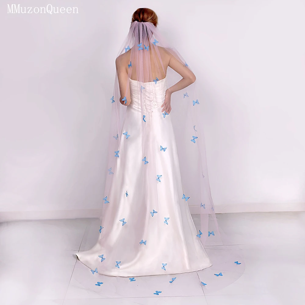 MMQ M110 Pink Bridal Veil Soft Tulle luxury Wedding Veil With 3D Blue Butterfly Decor Wedding Accessories For Bridal Party