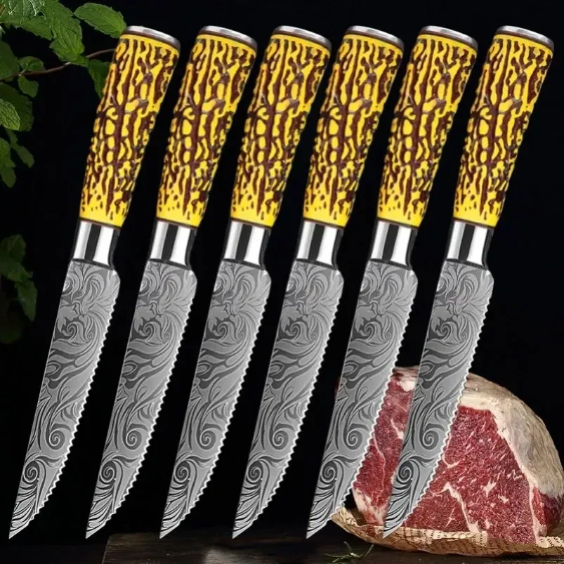 5-Zoll-Steakmesser-Set mit Damastmuster aus Edelstahl, Gezahnte Klingen, Scharfe Tafelmesser, Fleischmesser, Brotmesser, Küchenmesser-Set