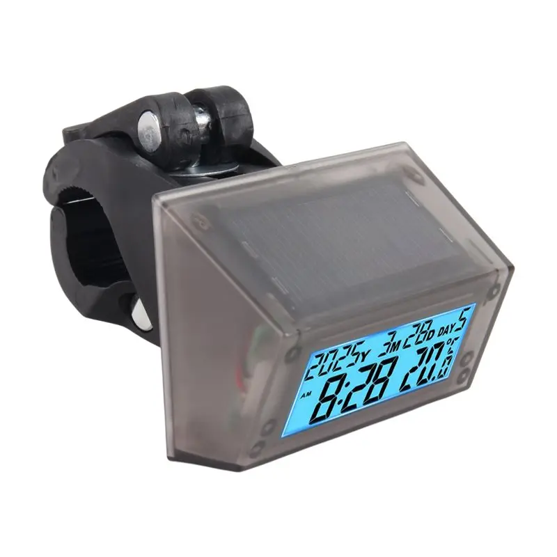 Waterproof LCD Backlit Display Solar Power Clock With Date Week Temperature For Ebike Motorcycle Thermometer Stand Included C