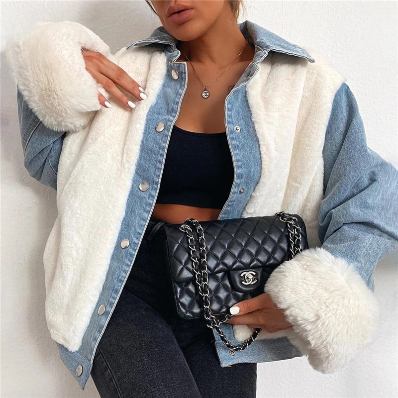 

Spring Autumn Women Warm Plush Coat Patchwork Denim Jacket Winter Sweet Lambwool Long Sleeve Lapel Overcoats Winter Outewear