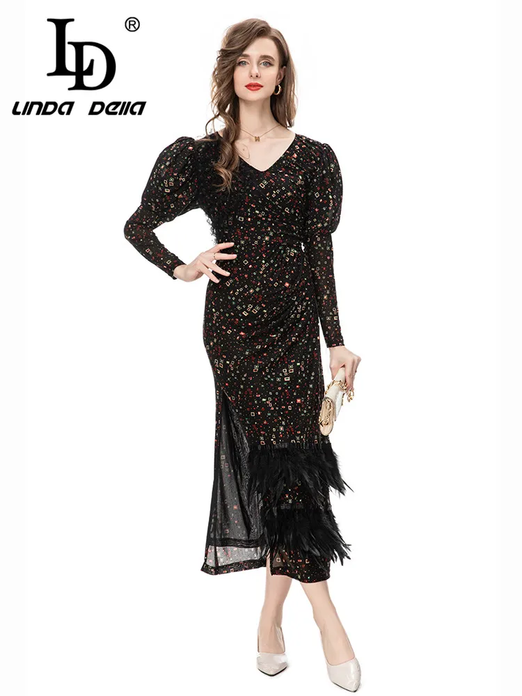 Imagem -03 - Linda Della Outono Novo Estilo Elegante Vestido de Festa Feminino Flor Cor com Decote em v Cintura Alta Pena Fenda Plissado Moda Vestido ld