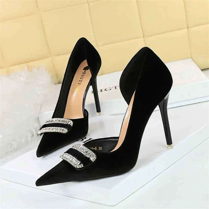 Women Velvet High Heels Pumps Buckle Pointed Toe Side Hollow Rhinestone Purple Green Pink Crystal Shallow Party Shoes