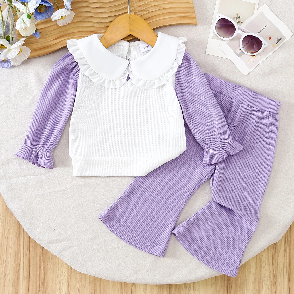 Girls Clothing Set Sweet Fresh Style with Large Collar Decoration Color Block Bell Sleeves Daily Comfortable Outfit