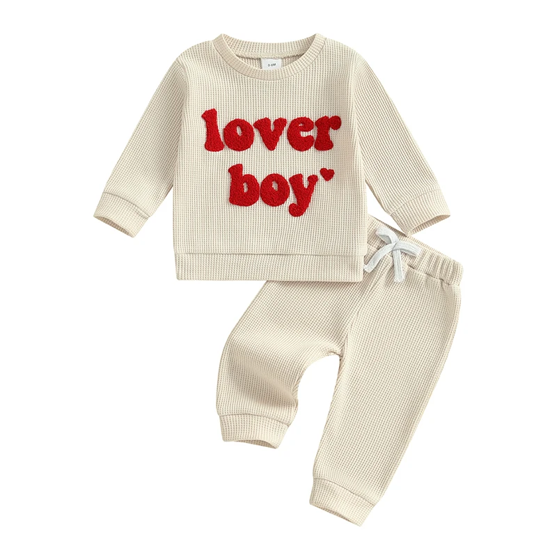 Toddler Boys Valentine s Day Outfits Letter Embroidery Ribbed Long Sleeve Baby Sweatshirts with Drawstring Pants 2 Pcs Set