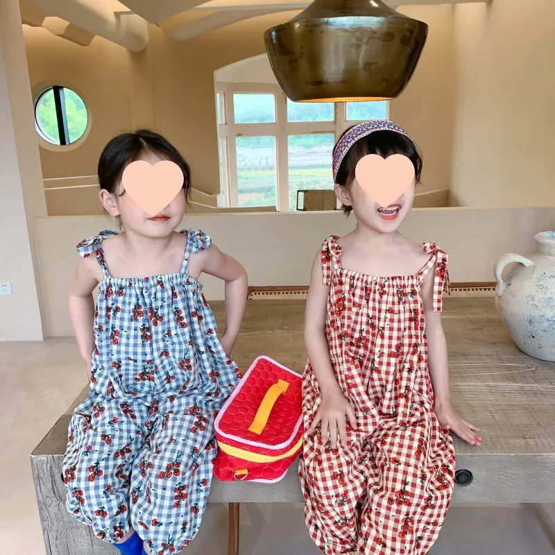 Girls Pants Floral Plaid Lace Up Jumpsuit Jumpsuit 26 Spring and Summer Outfits New Childrens Clothing