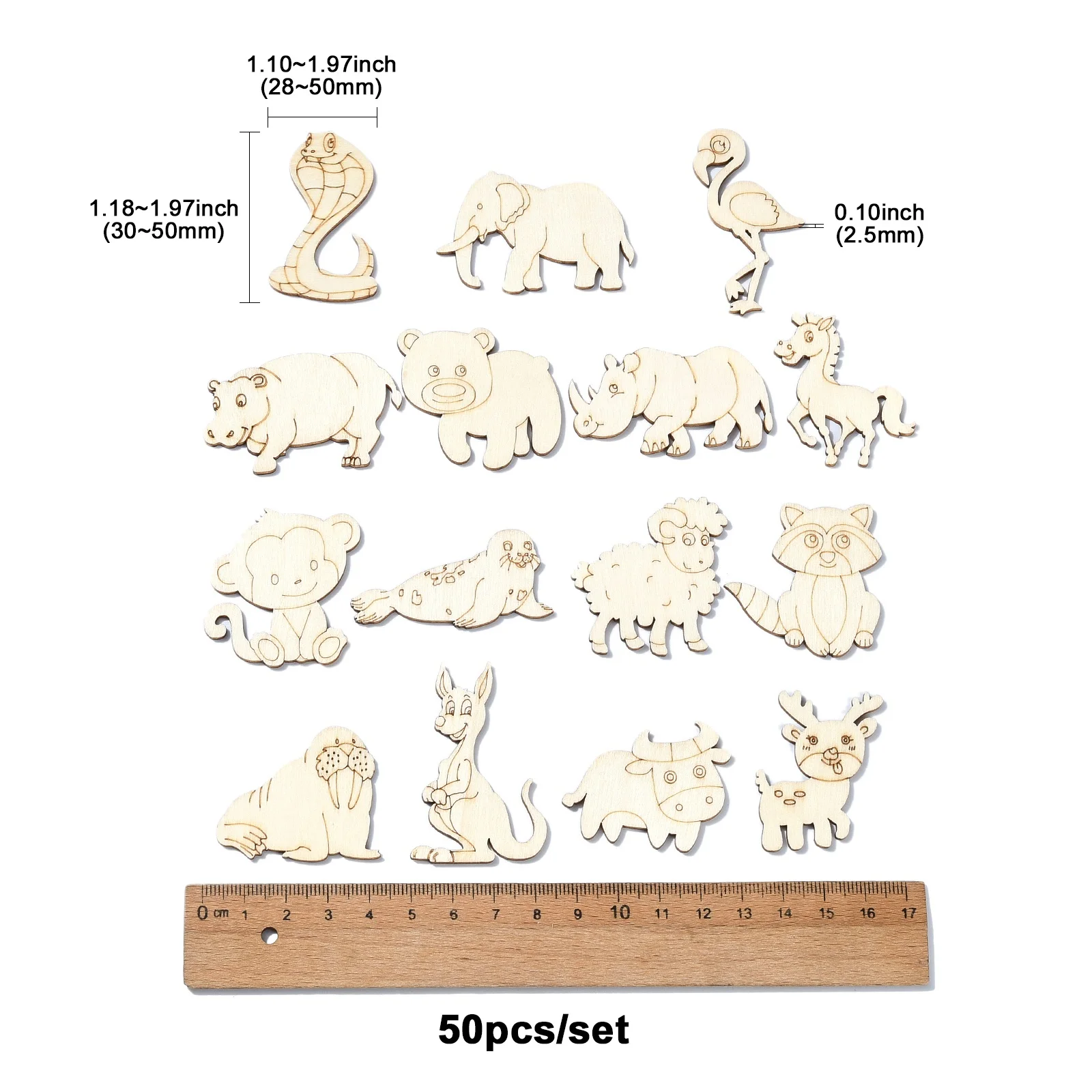 100Pcs Random Unfinished Wooden Forest Animal Cutouts Wild Life Snake Elephant Fox Wood Ornaments for DIY Craft Art Projects