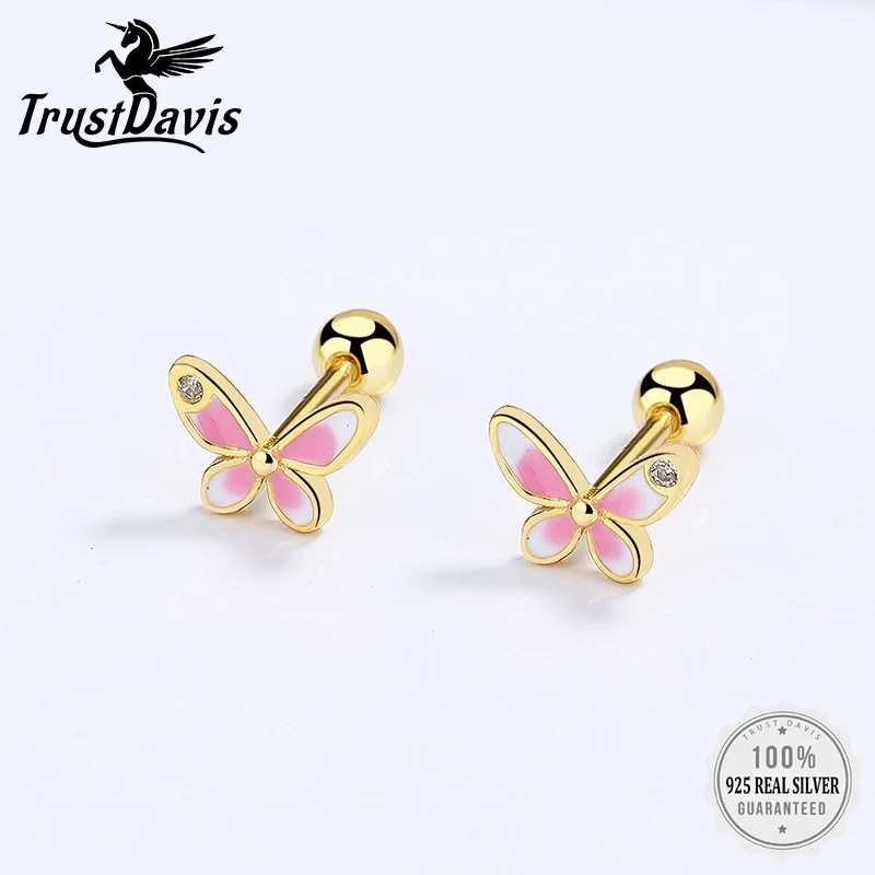 TrustDavis Real 925 Sterling Silver Sweet INS Butterfly Panda Bear Screw Stud Earrings for Daughter Girls Fine Jewelry DG0013