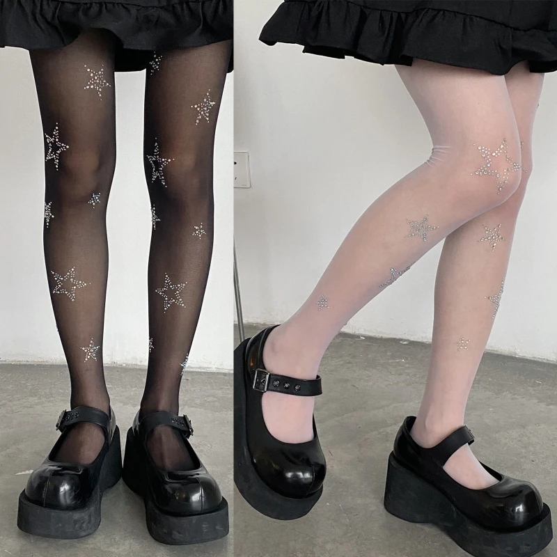 

Women Gothic Punk Thin Sheer Pantyhose Harajuku for Rhinestone Star Tight