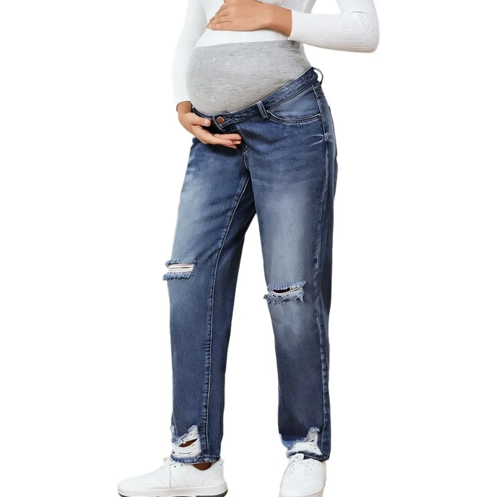 

Maternity Jeans High Waisted Straight Leg Loose Fit Non Stretch Denim Pants for Pregnant Women