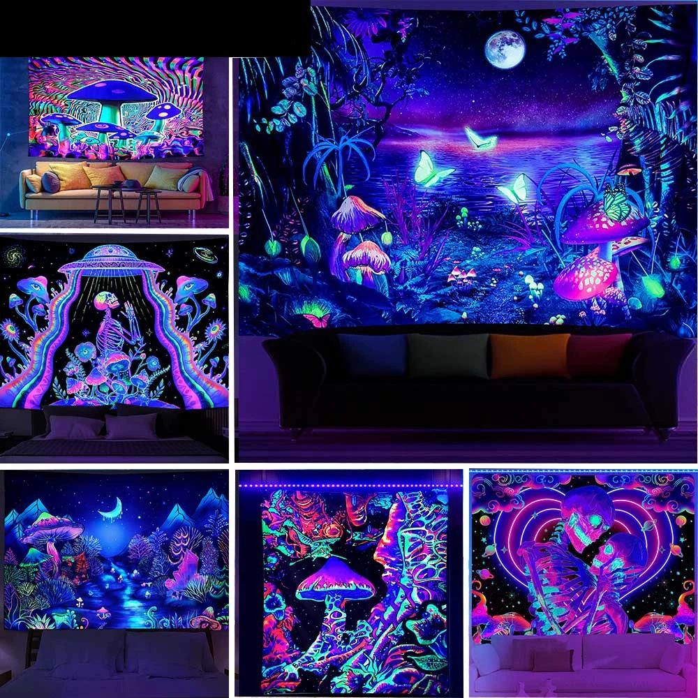 Large Blacklight Mushroom Tapestry UV Reactive Moon and Stars Tapestries Wall Hanging Aesthetic Tapestry Glow in The Dark