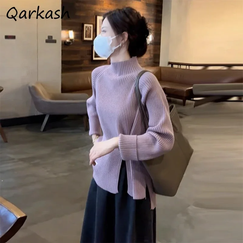 Pullovers Women Long Sleeve Solid Mock Neck Elegant Autumn Winter Sweaters Slit Hem Design Knitted Fashionable Temperament New