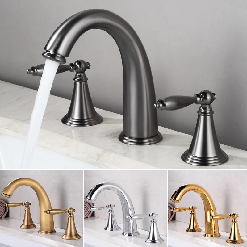 

Cold and Hot Washbasin Faucets All Copper Double Handle Three Hole Bathroom Under The Counter Basin Washbasin Split Type