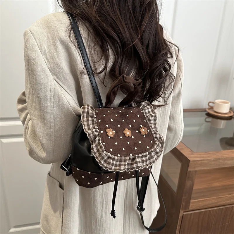 Retro Polka Dot Ruffled Backpack for Women - Cute Floral Drawstring Shoulder Bag, Vintage Plaid Trim Mini Backpack for Travel